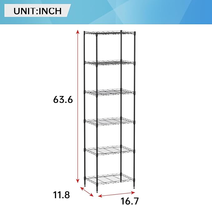 6 Tiers Wire Shelving 12" Dx17 Wx64 H Metal Frame Storage Shelves Easy Setup NSF Certified Storage Shelf Rack Shelf with Leveling Feet for Home Garage Kitchen Pantry, Black
