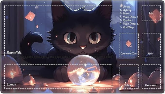 Playmat with Zones for MTG Card Game, 24"x14" Commander Deck Gaming Desk Mat, Tabletop Magic Play Mat for Beginner, Cat Crystal Ball
