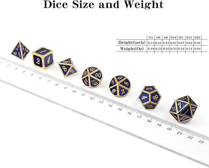 DnDnD Heavy Polyhedral Metal Dice Set with Metal Box, 7-die Shiny Blue Surface with Golden Number for RPG,Dungeons and Dragons,Pathfinder,Shadowrun,D&D,Role Palying Game and Math Teaching