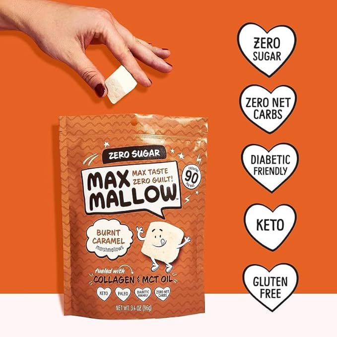 Max Mallow Sugar Free Marshmallows - Keto Friendly, Perfect for S'mores, Hot Chocolate, and Baking with Zero Sugar Snacks, Smores Mct Oil Zero Sugar Marshmellow Marshmallow Burnt Caramel, 6 Pack
