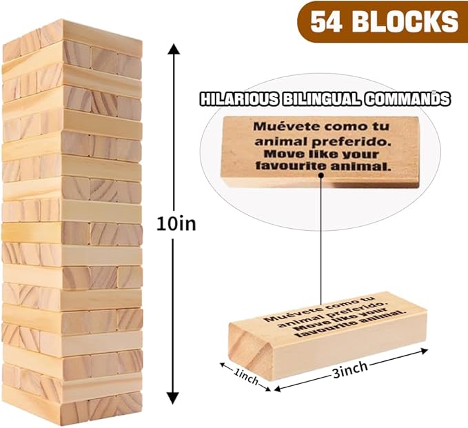 Spanish Learning Games for Kids | Stacking Tower Game | Bilingual Gifts for Family Classroom | 54 Blocks with Hilarious Commands | Ideal Board Game