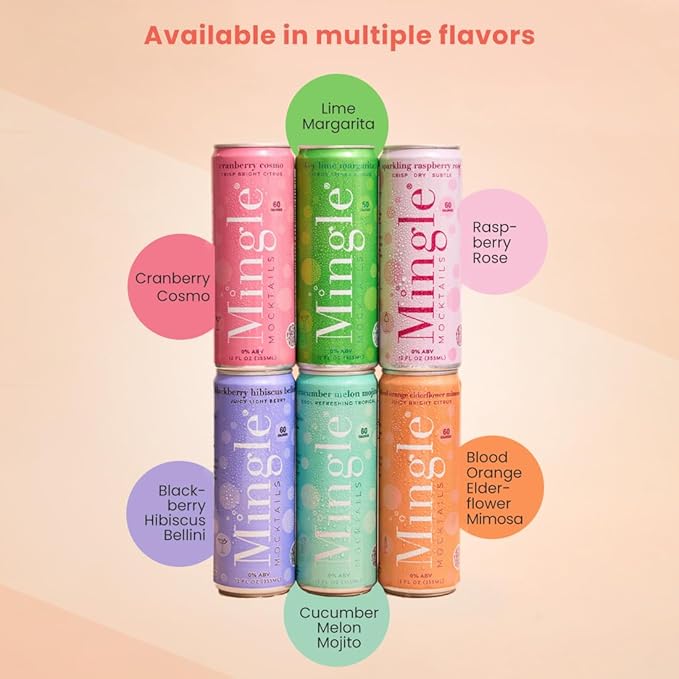 Mingle Mocktails - Blackberry Hibiscus Bellini, Cranberry Cosmo, Key Lime Margarita, Blood Orange Elderflower Mimosa, Cucumber Melon Mojito, Sparkling Raspberry Rose, Variety Pack, Premium Non Alcoholic Cocktails,12 FL OZ Cans (24 Pack Cans)
