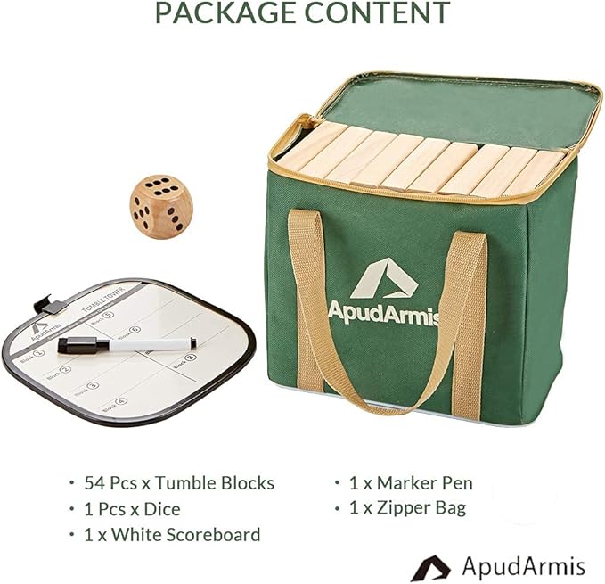 ApudArmis 54 PCS Tumble Timber Set [Stack to 3FT], Pine Wooden Tumble Tower Game with Dice and Scoreboard Set - Classic Block Stacking Board Game for Teens Children Teenagers