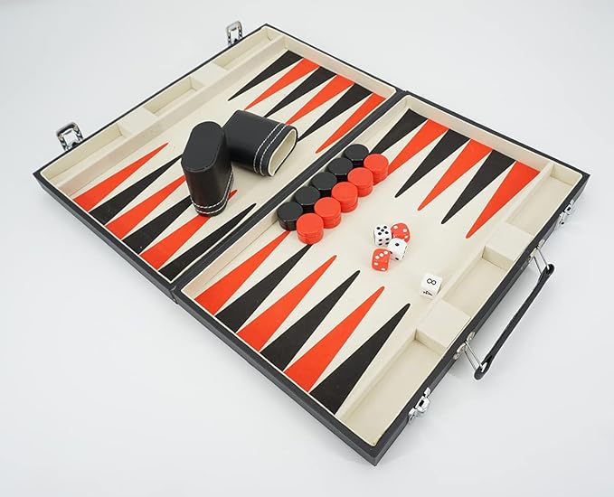 KAILE Wood Board Game, Backgammon for 2 Players, 12 Years and Up, Family Time, Travel Leatherette Carrying Case, Black and Red, 15inch, 1 Count