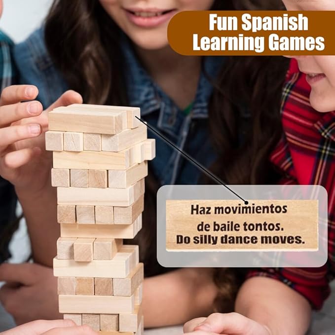 Spanish Learning Games for Kids | Stacking Tower Game | Bilingual Gifts for Family Classroom | 54 Blocks with Hilarious Commands | Ideal Board Game