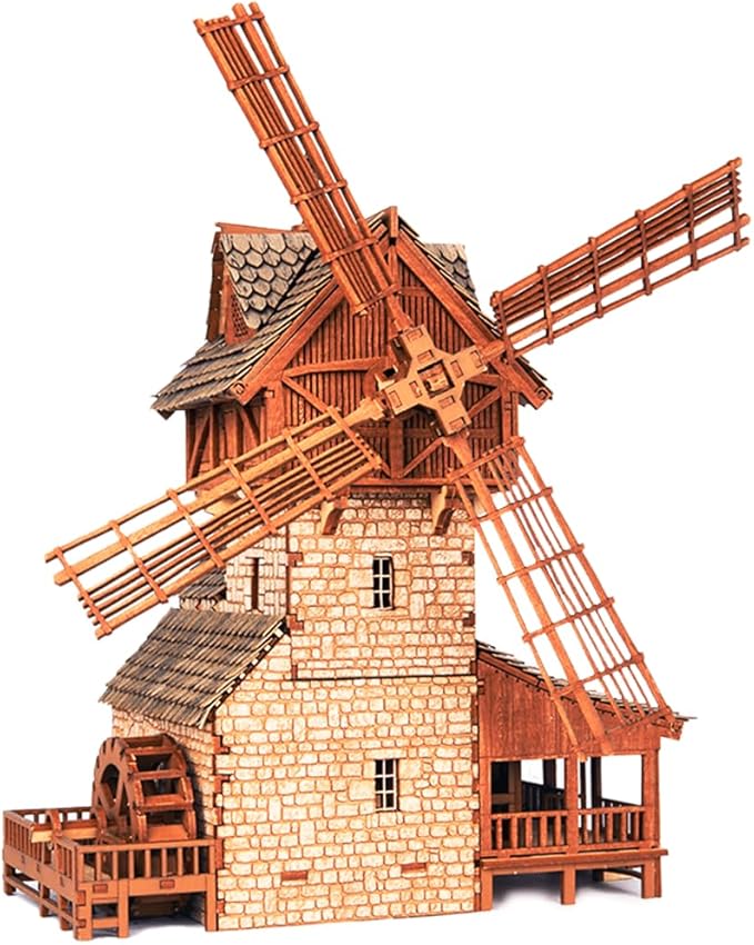 I BUILT IT Wooden Mill - Hybrid Medieval Windmill, Watermill, Blacksmith Workshop - Building Kit for Teens and Adults, Suitable for Playing with Family - Weathered