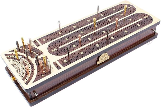Continuous Cribbage Board/Box Inlaid in Maple/Rosewood : 4 Track - Side Drawers with Score Marking Fields for Skunks, Corners and Won Games