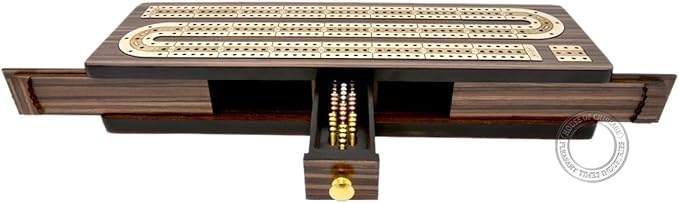 Continuous Cribbage Board/Box Inlaid in Rosewood/Maple 12" - 3 Tracks - Sliding Lid Drawer