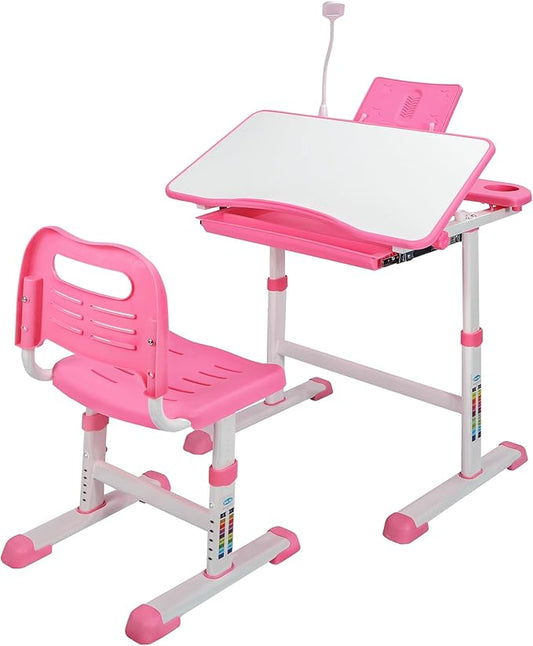 Kids Desk and Chair Set,Height Adjustable Child's Study Table with Tilt Desktop,LED Light,Cup Holder,Bookstand and Storage Drawer,Pink