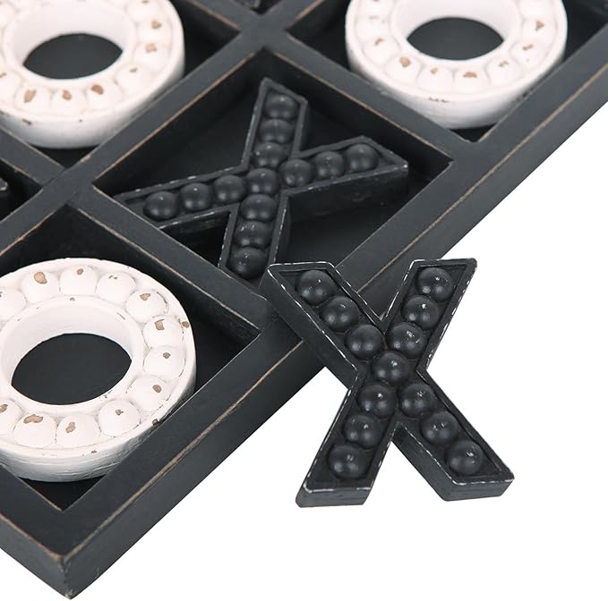 NIKKY HOME Tic Tac Toe Game Coffee Table Decor, 10.6 Inch Rustic Wooden Board, Black