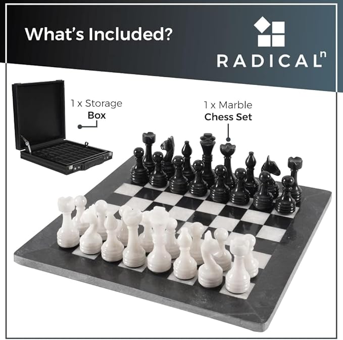 Radicaln Marble Chess Set Storage Box 15 Inches Black and White Handmade Chess Sets for Adults - Chess Board & 32 Chess Pieces - Board Chess Game