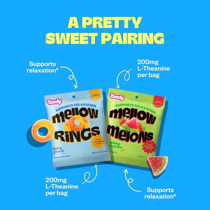 Tandy Mellow Melons & Mellow Rings L-Theanine Gummies I Relaxation Gummy with Watermelon & Peach Flavors I Calming Gummies for Adults I Gluten-Free Fast-Acting Dietary Supplement Gummy I 6-Pack