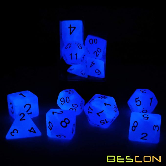 Bescon Two Tone Glowing Polyhedral Dice 7pcs Set Frosty Amethyst, Luminous RPG Dice Glow in Dark, DND Role Playing Game Dice