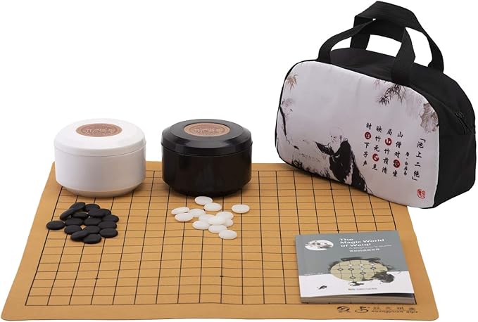 Portable Go Game Set Reversible 19x19 / 13x13 Faux Leather Foldable Game Board with Single Convex Ceramic Stone 361pcs and Plastic Go Bowls, 2 Players Board Game