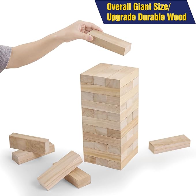 Large Tumble Tower Game, Giant 54 Wooden Blocks Lawn Yard Games with Carry Bag Outdoor Timber Stacking Game for Halloween Christmas Festival Toy Gift for Kids Adults Family (Over 4 Ft)