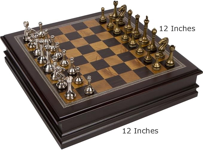 Grace Chess Inlaid Wood Board Game Set with Metal Pieces, Medium 12 x 12 Inch