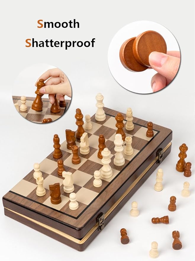 Chess Set 15'' Chess Board Wooden Magnetic Folding Chess Board Set for Adults & Kids Checkers Game for Kids Portable Travel Chess Game for Beginner 2 Extra Queens (Walnut Color)