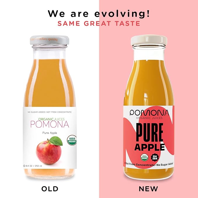 Pomona Organic Apple Juice (Pack of 12), Cold Pressed USDA Organic Juices, Apples And Lemon Juice, No Added Sugar, Not From Concentrate, Vegan, Kosher, Non GMO, Pasteurized, 8.4 Oz Glass Bottles