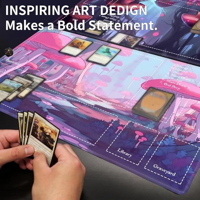 Playmat with Zones for MTG Card Game Playing, Game Mats Tabletop Magic Play Mats 24"x14" Commander Deck Gaming Desk Duel Mat Card Gameplay Mats for Beginner, Anime Pink Mushroom Forest
