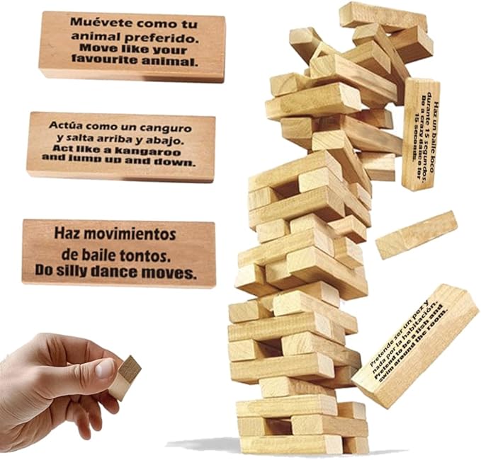 1step2dream Spanish Stacking Tower Game | Bilingual Block Game for Kids Adults | Perfect for Family, Classroom | 54 Hilarious Commands | Ideal Learning Board Game Gift