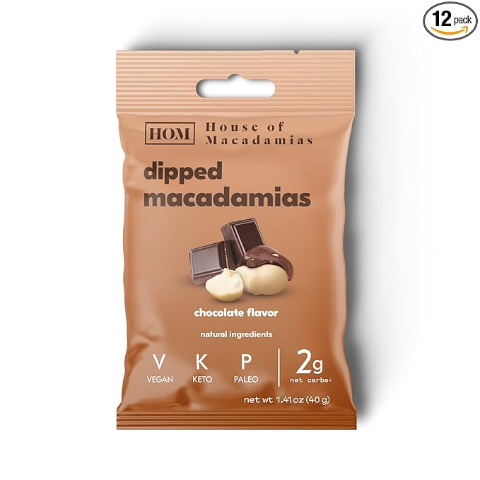 House of Macadamias Premium Dipped Macadamia Nuts, Chocolate, Plant Based, Keto, Low Carb, Vegan, Paleo, Sugar Free, Dairy Free, Gluten-Free, Preservative Free, 12 x 1.41oz