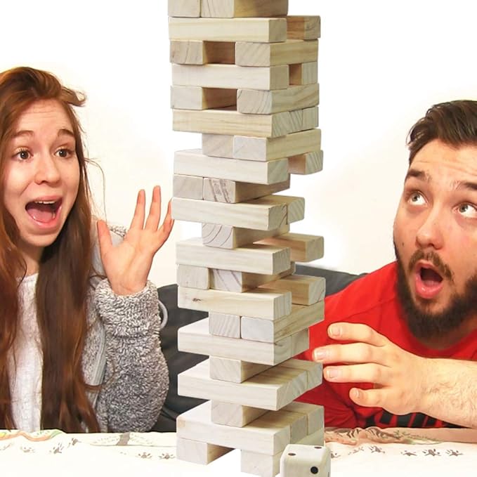 Juegoal 54 Pieces Giant Tumble Tower Blocks Game Giant Wood Stacking Game with 1 Dice Set Canvas Bag for Adult, Kids, Family