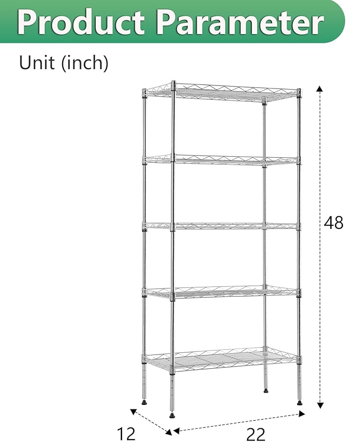 BestOffice Garage Shelving 5 Tier Metal Storage Shelves 750lbs Weight Capacity Heavy Duty Wire Shelving NSF Certified Utility Shelves with Leveling Feet for Garage Home Office, Chrome