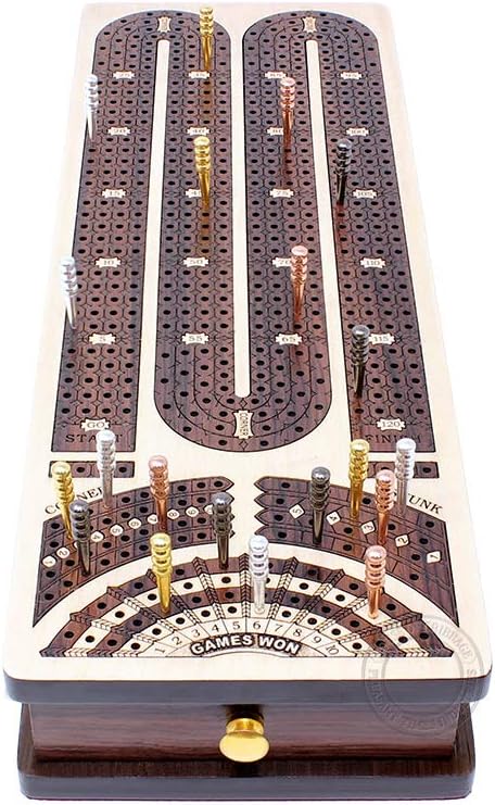 Continuous Cribbage Board/Box Inlaid in Maple/Rosewood : 4 Track - Side Drawers with Score Marking Fields for Skunks, Corners and Won Games
