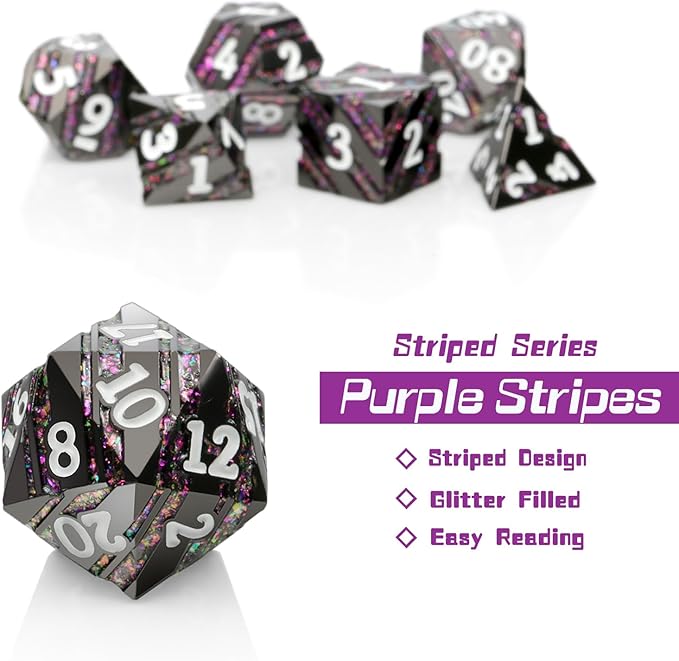 Stripe Metal DND Dice,DNDND Metallic Stripes Dice with Gift Metal Box for Dungeons and Dragons D&D (Purple Stripes)