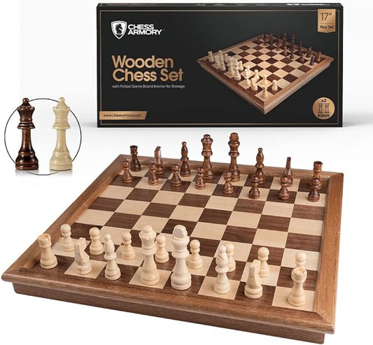 Chess Armory Wooden Chess Set - 17 inch Large Chess Board Sets for Adults and Kids with Extra Queen Pieces & Storage Box