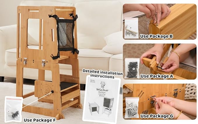 Montessori Inspired Bamboo 4 in 1 Convertible Toddler Tower with Storage and Safety Net, Foldable Learning Standing Tower, Activity Table and Step Stool for Toddlers 1-3