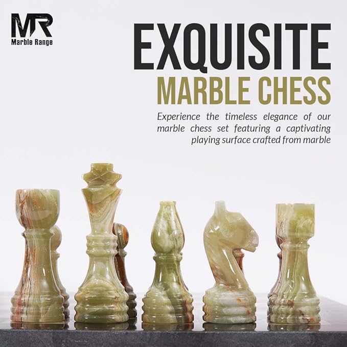 Marble Chess Set 15 Inch Handmade Oceanic & Black Board Game with Storage Box, Classic Travel Chess Set for Adults with Pieces & 2 Extra Queens, Elegant Gift & Home Décor