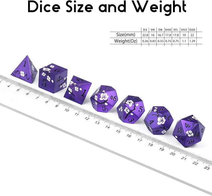 Matt Purple D&D Metal Dice, DNDND 7 PCS Heavy Metallic DND Dice Set with Gorgeous Gift Case for Dungeons and Dragon Tabletop Game (Matte Purple with White Flowers)