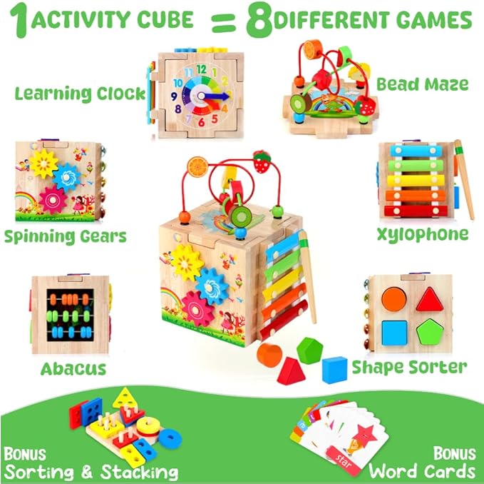 Batlofty Wooden Activity Cube, 8-in-1 Montessori Toys for 1+ Year Old Boys & Girls, Educational Learning Toys for Toddlers Age 1-2, 1st Birthday Gift with Word Cards | Bonus Sorting & Stacking Board