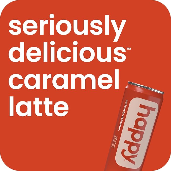 happy coffee canned caramel latte, 11 oz. cans, 12 pack, notes of marshmallow & comfort, 100% arabica beans, no artificial flavors or sweeteners