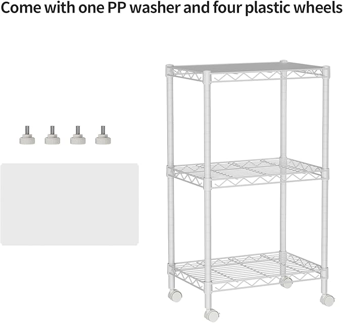 Small 3 Tier Shelves Storage Wire Shelving Unit Metal Shelf Adjustable Organizers Storage Shelving with Wheels for Bathroom Laundry Room Kitchen Pantry12”D x 18”W x 30.7”H White