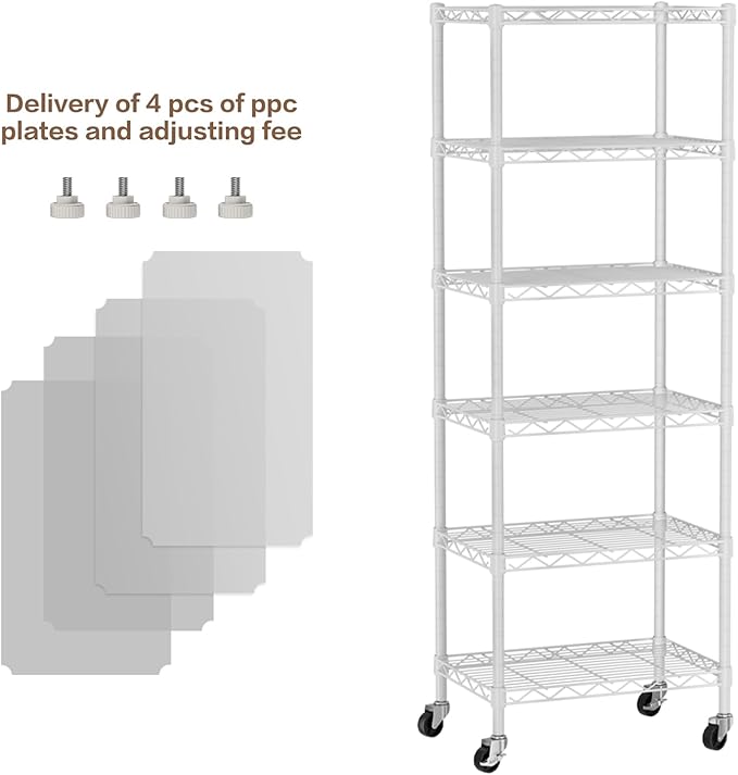 Small 6 Tier Shelves Storage Wire Shelving Unit Metal Shelf Adjustable Organizers Storage Shelving with Wheels for Bathroom Laundry Room Kitchen Pantry12”D x 18”W x 61.6”H White