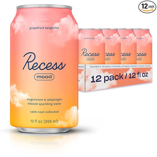 Recess Mood Magnesium & Adaptogen Drink, Relaxation Beverage, 12 ounce (Grapefruit Tangerine, 12 pack)