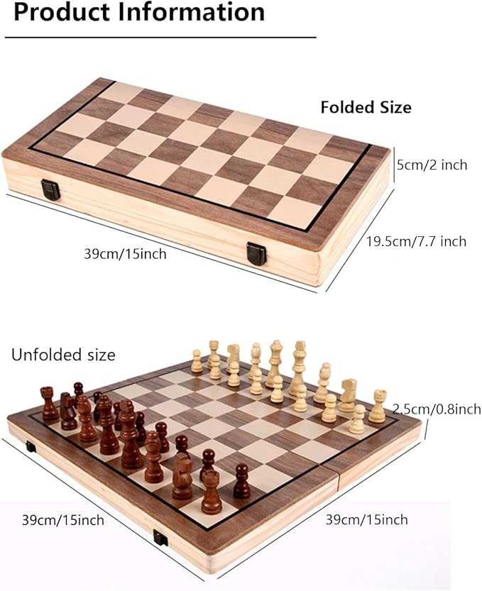 15" Wooden Chess Set | Folding Board, 2 Extra Queens | Magnetic Chess Board Set for Adults & Kids, Pieces Storage Slots Checkers Game for Kids Portable Travel Chess Game for Beginner