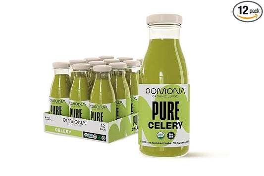 Pomona Organic Juices Pure Celery Juice, 8.4 Ounce Bottle (Pack of 12), Cold Pressed Organic Juice, Non-GMO, No Sugar Added, Not from Concentrate, Gluten Free, Kosher Certified, Preservative Free