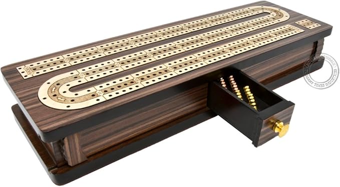Continuous Cribbage Board/Box Inlaid in Rosewood/Maple 12" - 3 Tracks - Sliding Lid Drawer