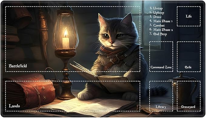Playmat with Zones for MTG Card Game Playing, Game Mats Tabletop Magic Play Mats 24"x14" Commander Deck Gaming Desk Duel Mat Card Gameplay Mats for Beginner, Cat and Dungeons