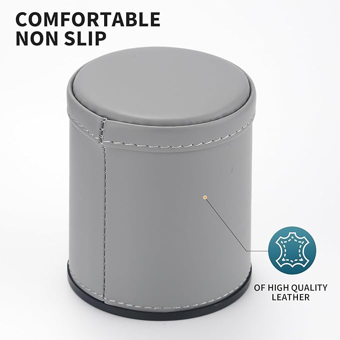 5 Pack PU Leather Dice Cups Velvet Felt-Lined Shaker Cups with 30 Dot Dice for Bar Party Yahtzee Farkle Dice Games, Grey