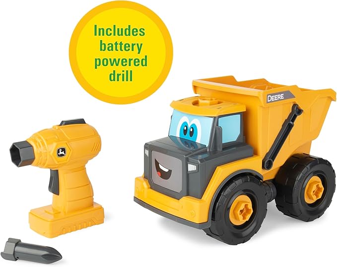 Build-A-Buddy John Deere Dump Truck Toy - Buildable Dump Truck Take Apart Toys with Toy Drill - AA Batteries Included - STEM Building Toys - Yellow - Construction Toys for Kids Ages 18 Months and Up