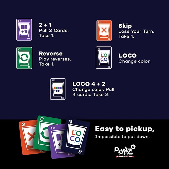 DUNZO™ (BYOB Edition) - Party Version of Classic Card Game - Draw Two, Skip, Reverse, Get Loco - Fun Games for Friends - Perfect for College Parties, Birthdays, Bachelorettes, or Any Event!