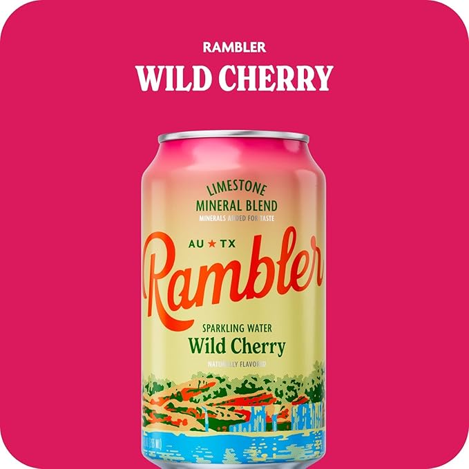 AUTX RAMBLER Sparkling Water, Texas Limestone Mineral Blend, Wild Cherry Flavor, 12-Ounce Cans, Three 8-Packs (24 Cans)
