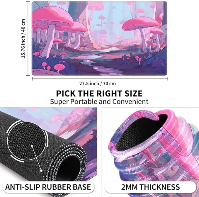 Playmat Game Mats Tabletop Magic for MTG/TCG Cards, Trading Card Game Playing Stitched Play Mat Commander Deck Gaming Desk Mat Card Gameplay Mats, Anime Pink Mushroom Forest, 27.5''X15.7''
