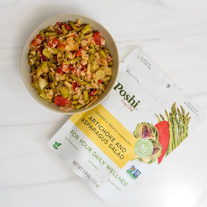 POSHI Artichoke & Asparagus Salad Natural, Keto, Vegan, Non GMO, Low Carb + Calorie, Gluten Free, Ready to Eat, Fully Cooked Vegetables, Pentry Food, Gourmet, Healthy, Travel Food, 6 Pack, 4.4 oz