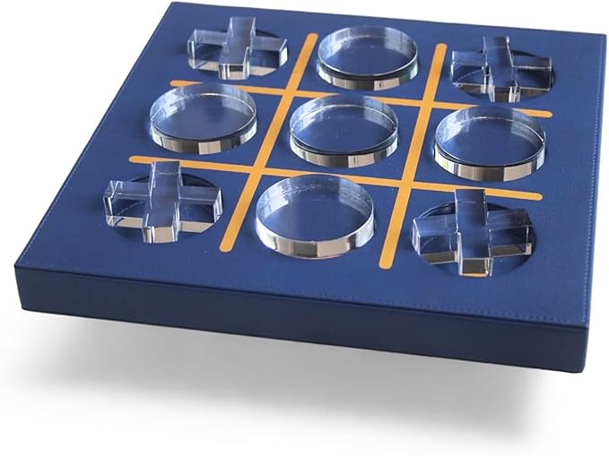 Modern Tic Tac Toe for Home Decoration, Tic Tac Toe Game with Blue Leather and Acrylic Pieces, Decorative Tic Tac Toe, Table Top Decoration, Housewarming Gift
