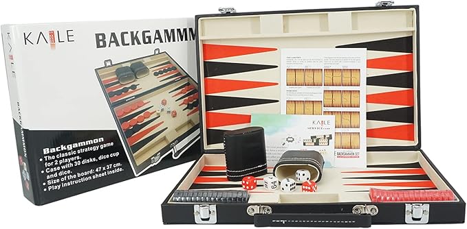 KAILE Wood Board Game, Backgammon for 2 Players, 12 Years and Up, Family Time, Travel Leatherette Carrying Case, Black and Red, 15inch, 1 Count